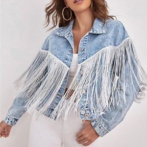 SHEIN DROP FRINGE JEAN JACKET SILVER AND DENIM